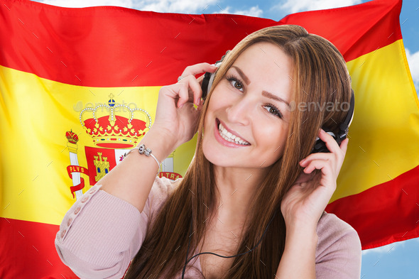 Woman Listening Spanish Learning Audiobook