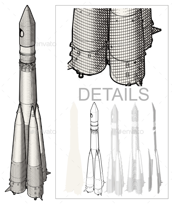 Space Rocket Engraving Style