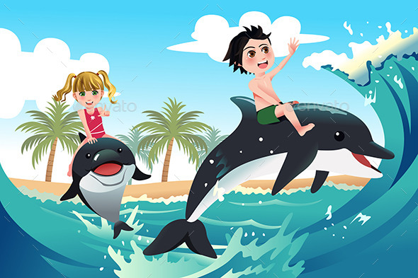 GraphicRiver Children Playing with Dolphins 10656870 GraphicRiver Children Playing with Dolphins 10656870