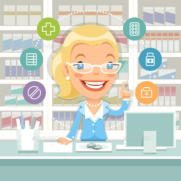 GraphicRiver Pharmacist Woman Behind the Counter 10647681 GraphicRiver Pharmacist Woman Behind the Counter 10647681