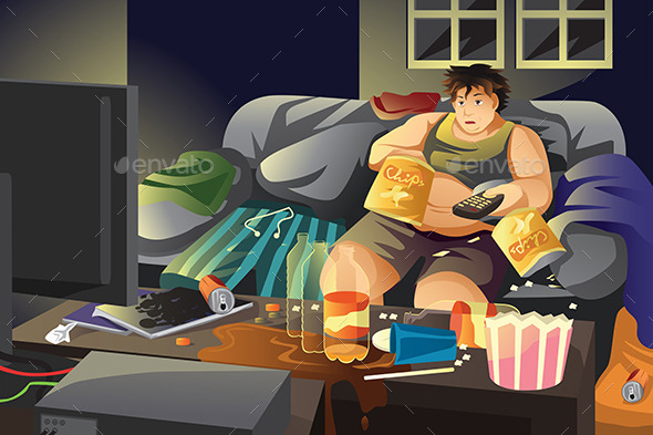 GraphicRiver Lazy Man Eating Potato Chips and Watching TV 10669878 GraphicRiver Lazy Man Eating Potato Chips and Watching TV 10669878