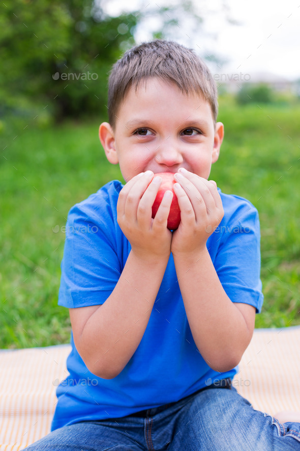 Boy holding red apple by two hands (Misc) Photo Download