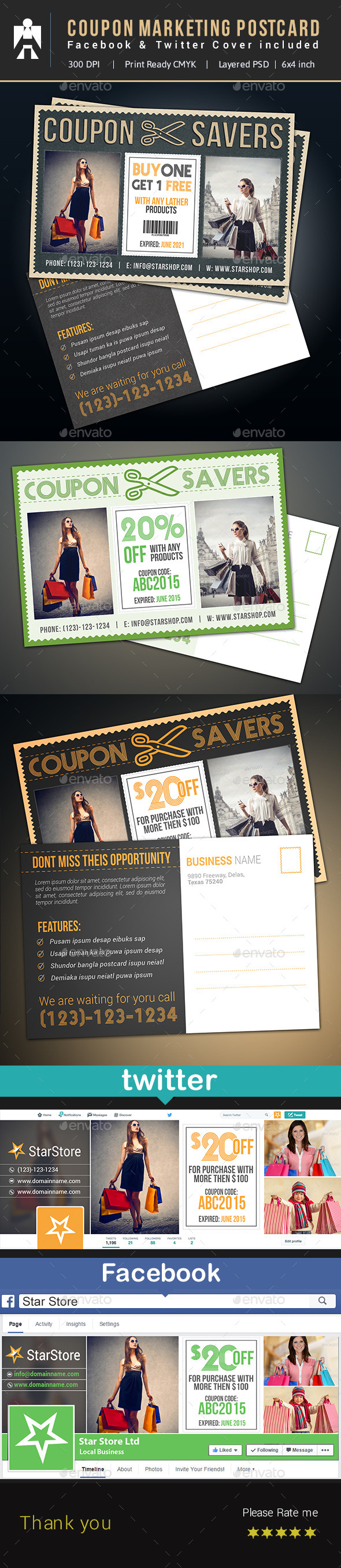 Coupon Postcard, Facebook & Twitter