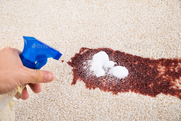 Person Spraying Cleaning Agent On Carpet
