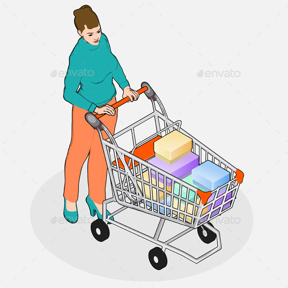 GraphicRiver Isometric Walking Woman with Empty Shopping Cart 10696735 GraphicRiver Isometric Walking Woman with Empty Shopping Cart 10696735