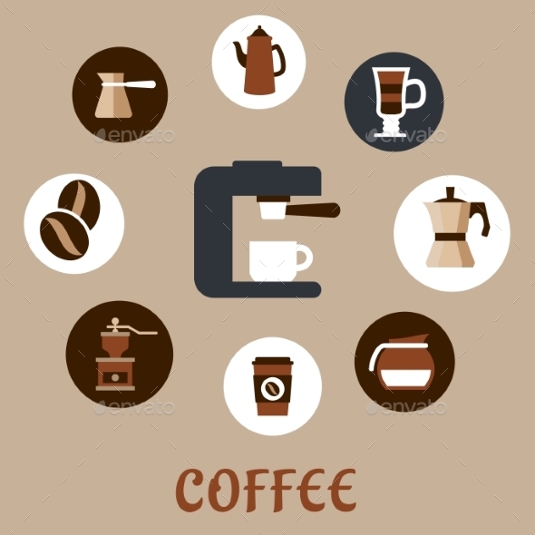 GraphicRiver Flat Coffee Icons Around the Coffee Machine 10715823 GraphicRiver Flat Coffee Icons Around the Coffee Machine 10715823
