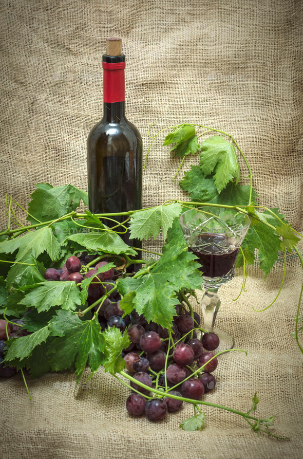 Sweet red grapes with bottle of red wine. (Misc) Photo Download