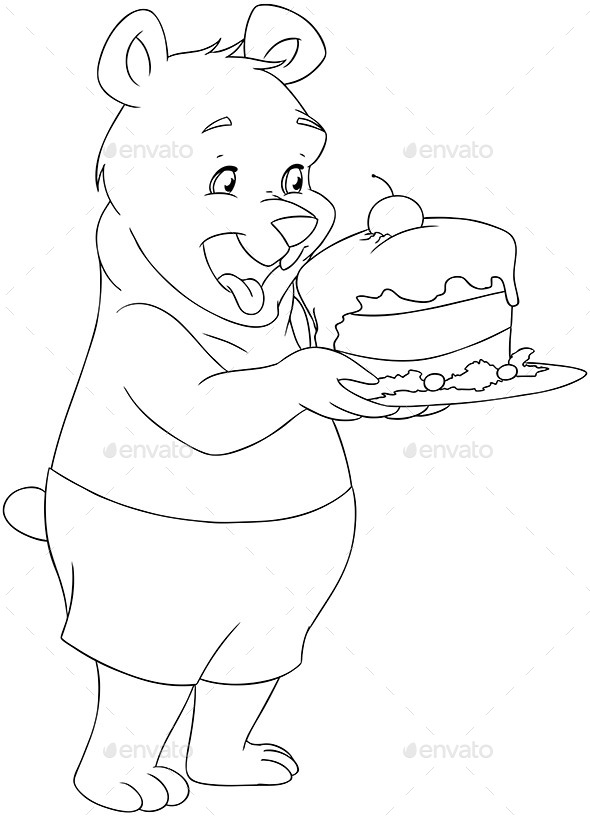 Young Bear Holding a Cake Coloring Page (Animals)