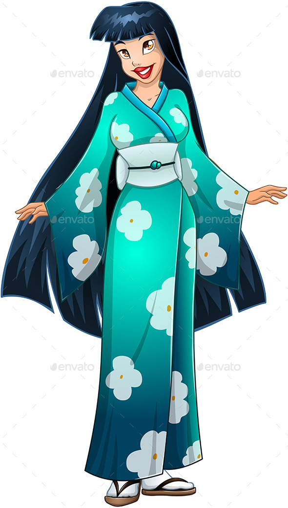 Asian Woman In Blue Kimono (People)