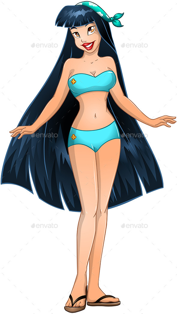 Asian Teenage Girl in Blue Swimsuit (People)