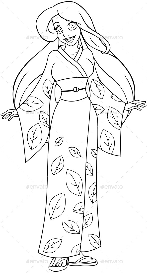 Caucasian Woman in Kimono Coloring Page (People)