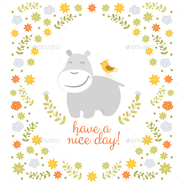 GraphicRiver Happy Hippo on Floral Background 10747650 GraphicRiver Happy Hippo on Floral Background 10747650