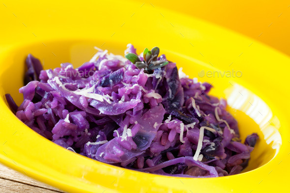 Red Cabbage Risotto In Yellow Plate (Misc) Photo Download