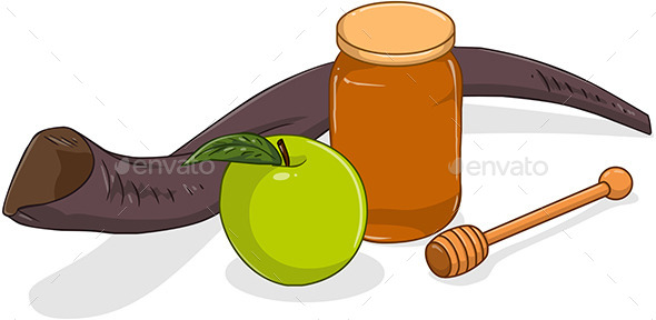 Honey Jar with Apple and Shofar for Yom Kippur (Religion)