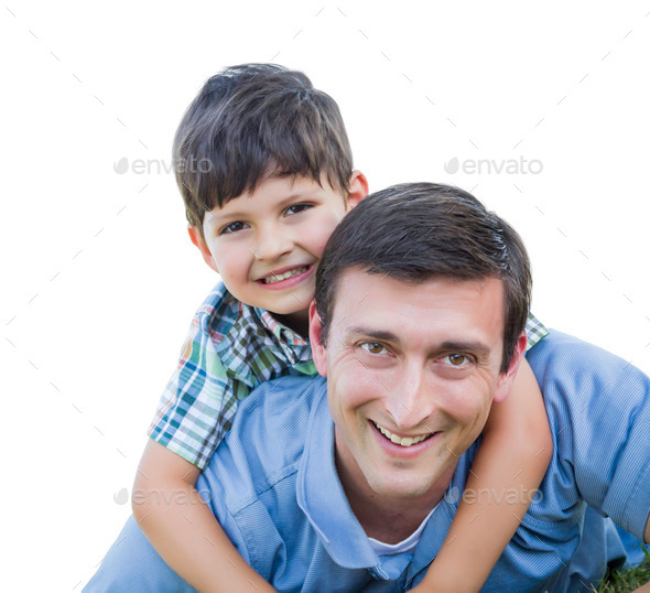 Happy Father and Son Playing Piggyback Isolated on White. (Misc) Photo Download