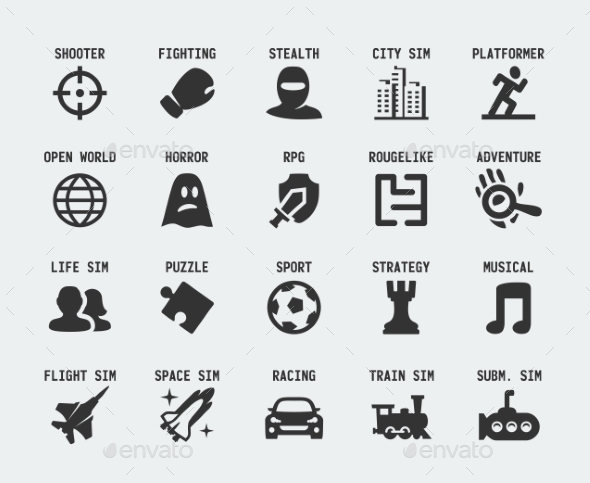 GraphicRiver Video Game Genres Vector Icons Set 10772376 GraphicRiver Video Game Genres Vector Icons Set 10772376