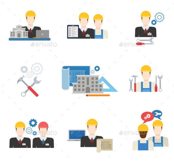 Architects, Engineers and Construction Workers Flat Icon Set (Web)