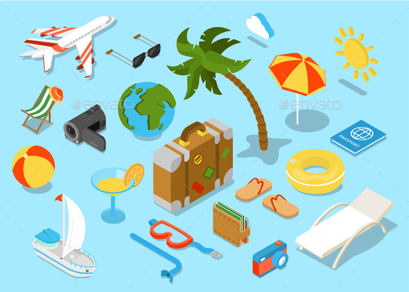 Flat 3d Isomectric Travel Objects Icon Set (Web)