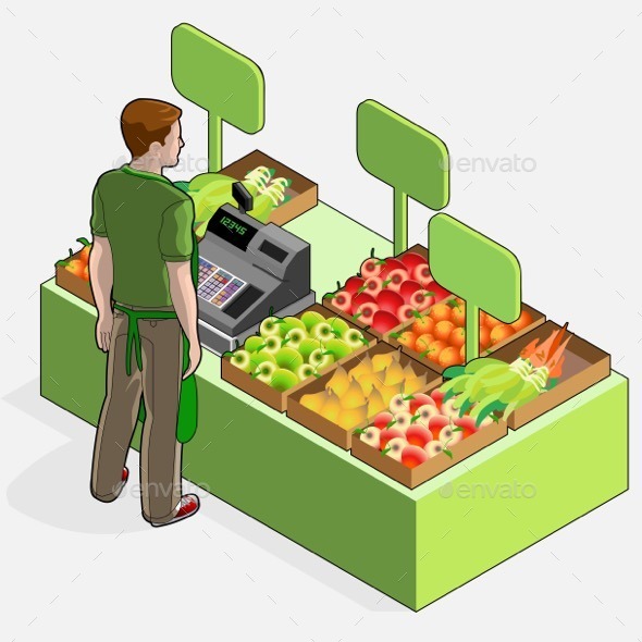 GraphicRiver Isometric Greengrocer Shop Man Owner 10795047 GraphicRiver Isometric Greengrocer Shop Man Owner 10795047