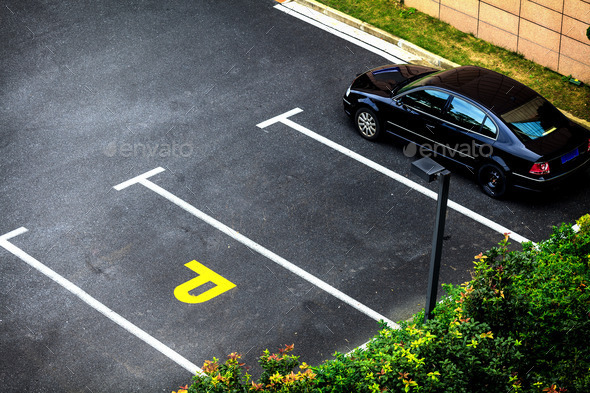 Look down empty parking spot with vegetation and shrubbery from