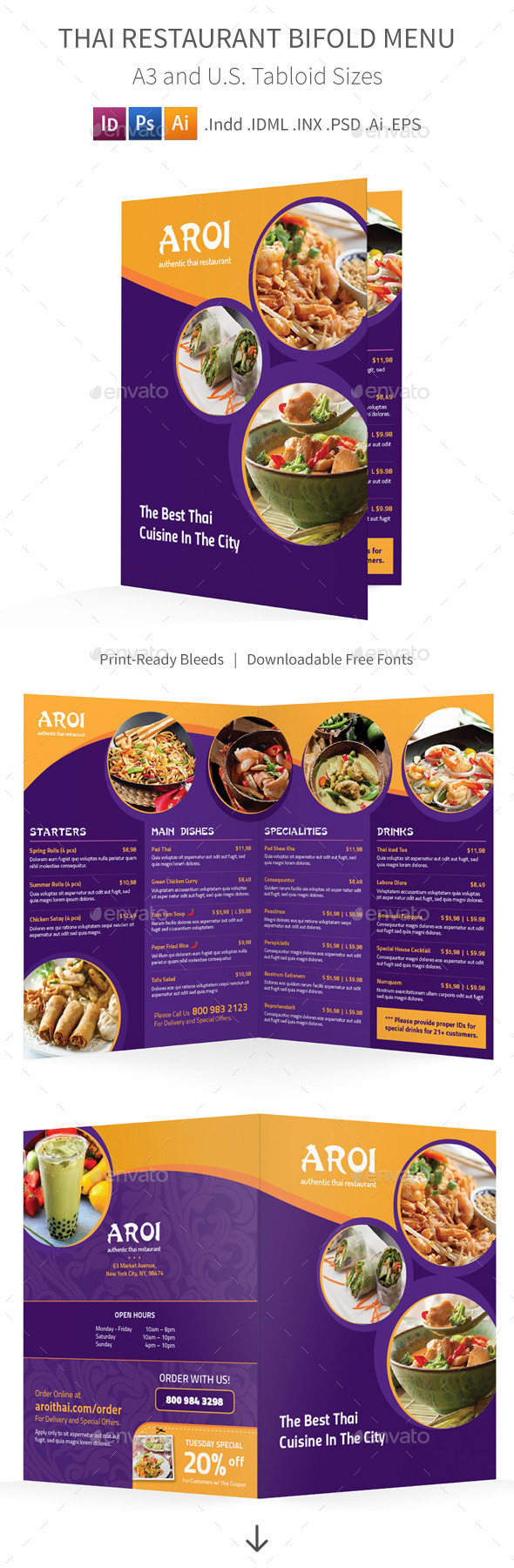 Thai Restaurant Bifold / Halffold Menu (Food Menus)