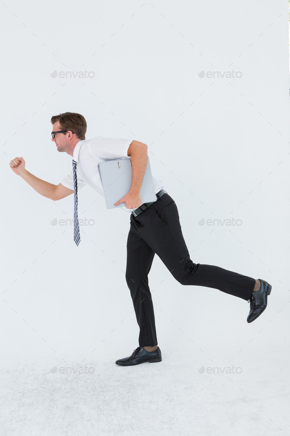 Geeky businessman running late on white background (Misc) Photo Download