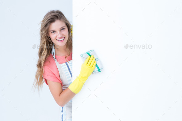 Hipster woman cleaning poster on white background (Misc) Photo Download