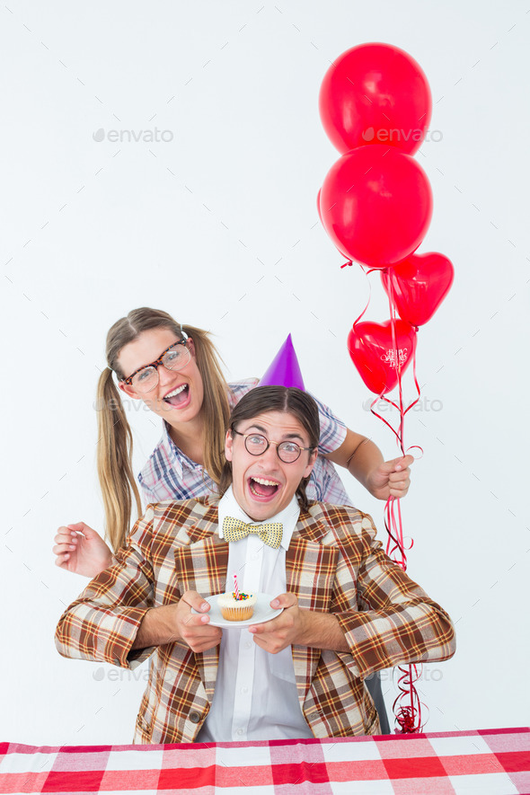 Geeky hipsters celebrating birthday on white background (Misc) Photo Download