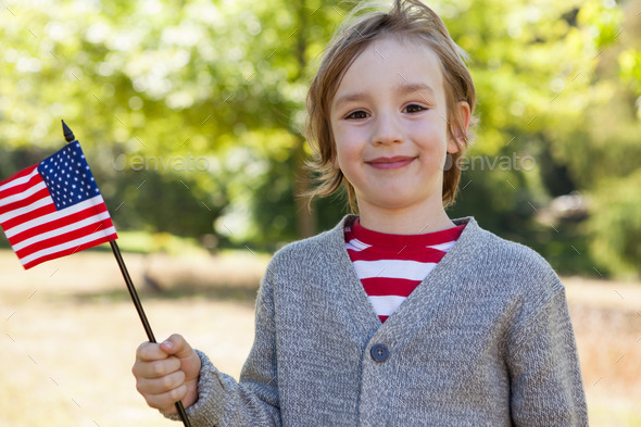 Cute little boy waving american flag on a sunny day (Misc) Photo Download