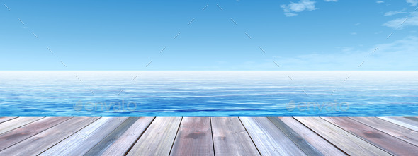 Conceptual wood deck over sea and sky banner