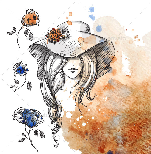 GraphicRiver Girl in a Hat on a Watercolor Background 10856386 GraphicRiver Girl in a Hat on a Watercolor Background 10856386