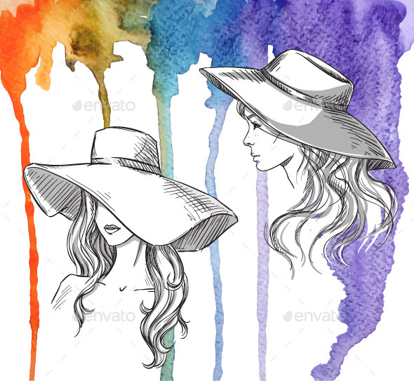 GraphicRiver Girls in Hats on a Watercolor Background 10856489 GraphicRiver Girls in Hats on a Watercolor Background 10856489
