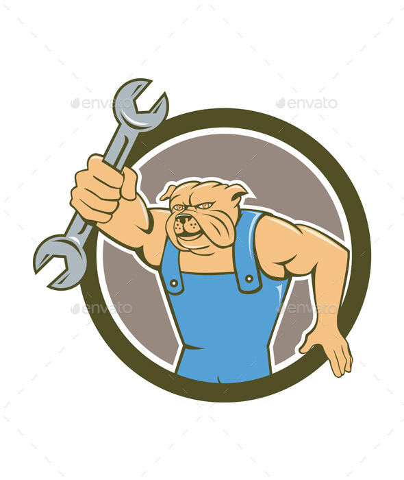 GraphicRiver Bulldog Mechanic Holding Spanner Circle Cartoon 10862387 GraphicRiver Bulldog Mechanic Holding Spanner Circle Cartoon 10862387