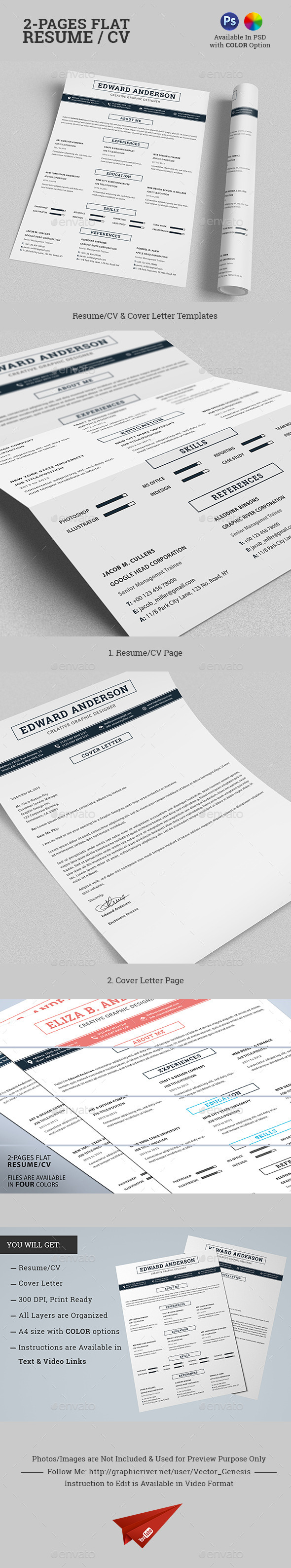 2-Pages Flat Resume/CV Set with Color Option (Resumes)