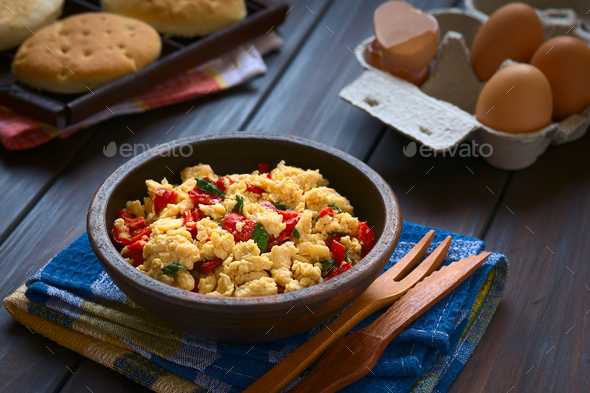 Scrambled Eggs with Red Pepper and Green Onion