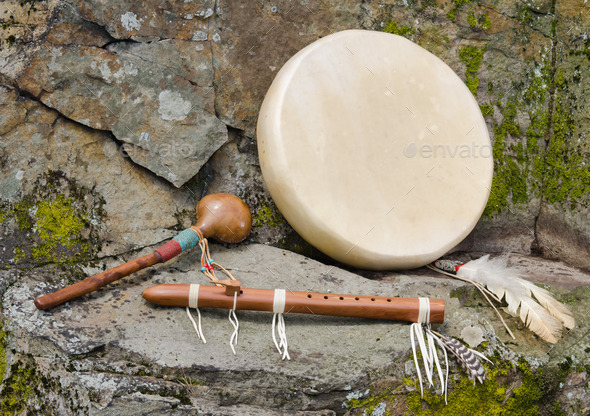 Native American Drum, Flute and Shaker.