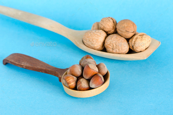 healthy food hazelnuts and walnuts in wooden spoons (Misc) Photo Download