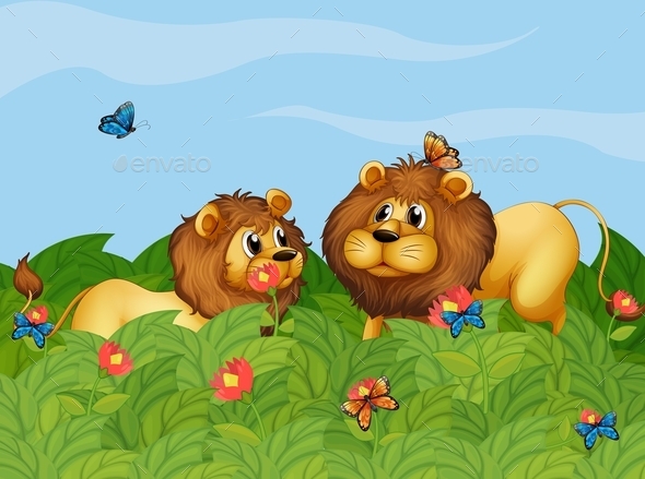 GraphicRiver Two Lions in the Garden with Butterflies 10914686 GraphicRiver Two Lions in the Garden with Butterflies 10914686
