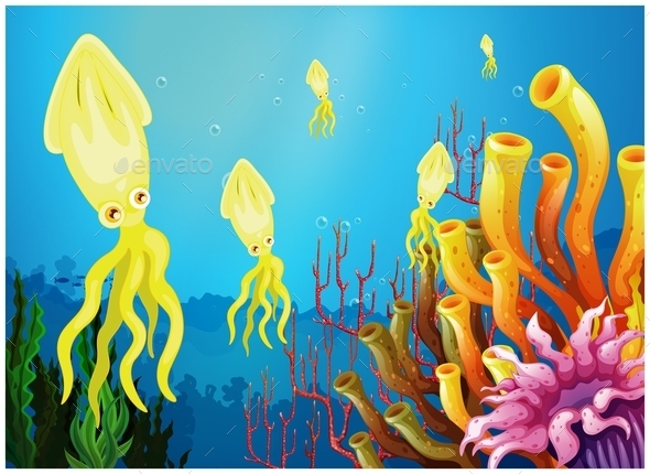 GraphicRiver Yellow Squids Near Coral Reefs 10924759 GraphicRiver Yellow Squids Near Coral Reefs 10924759