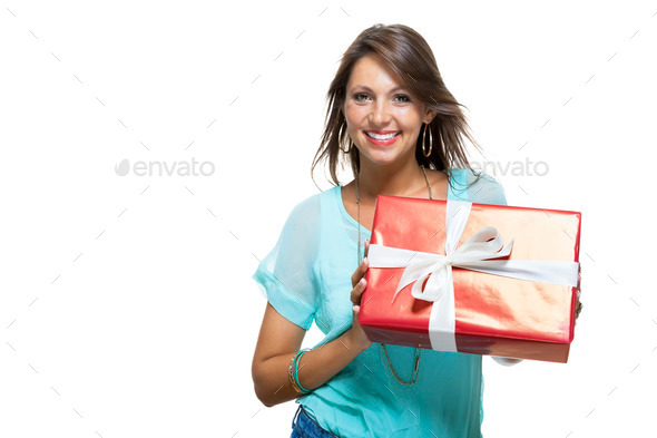 Happy Woman Holding Red Gift Box (Misc) Photo Download