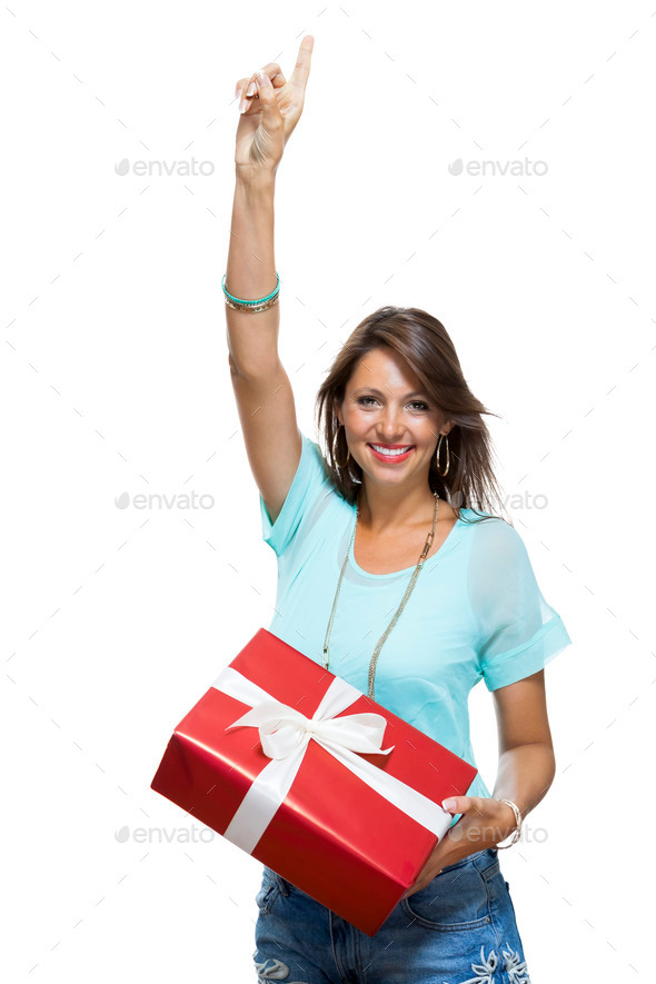 Happy Woman Holding Red Gift Box (Misc) Photo Download