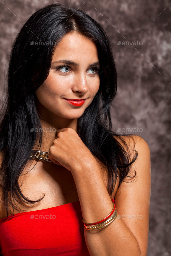 Pretty Woman in Red Looking at Right Frame (Misc) Photo Download