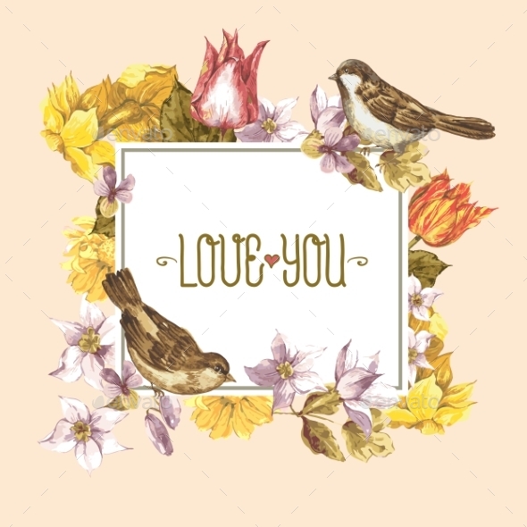 GraphicRiver Spring Floral Retro Card with Bird Sparrows 10930452 GraphicRiver Spring Floral Retro Card with Bird Sparrows 10930452