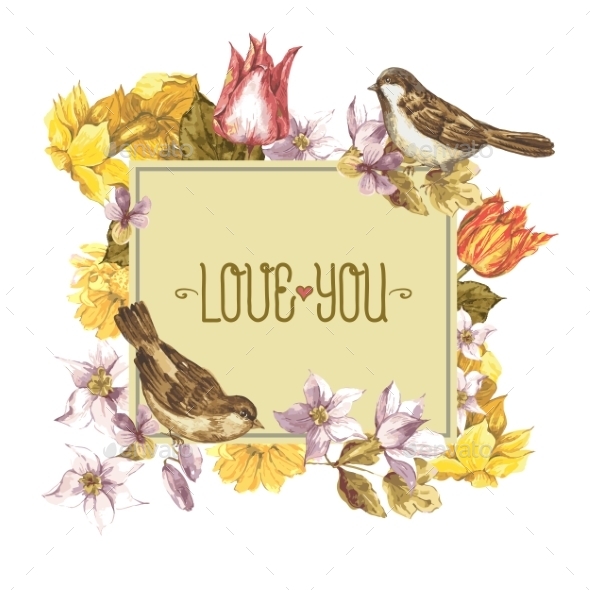 GraphicRiver Spring Floral Retro Card with Bird Sparrows 10930484 GraphicRiver Spring Floral Retro Card with Bird Sparrows 10930484