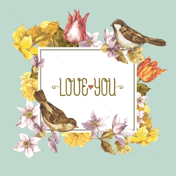 GraphicRiver Spring Floral Retro Card with Bird Sparrows 10930504 GraphicRiver Spring Floral Retro Card with Bird Sparrows 10930504