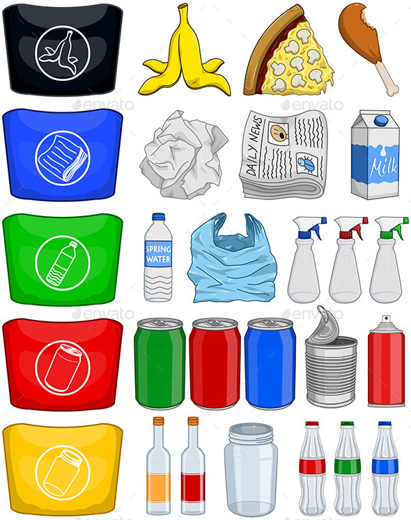 GraphicRiver Food Bottles Cans Paper Trash Recycle Pack 10931062 GraphicRiver Food Bottles Cans Paper Trash Recycle Pack 10931062