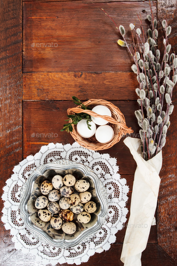 Easter Composition Of Catkins And Eggs On Wooden Table (Misc) Photo Download