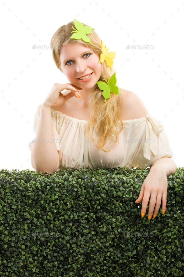 Beautiful blonde woman with butterfly decoration. (Misc) Photo Download