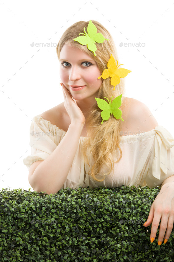 Beautiful blonde woman with butterfly decoration. (Misc) Photo Download