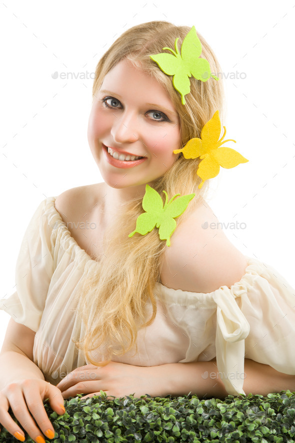 Beautiful blonde woman with butterfly decoration. (Misc) Photo Download